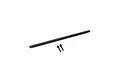 A black metal RC axle shaft and two small black grub screws isolated on a white background.
