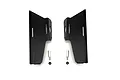 A pair of black aluminium RC slider and cab mount plates with two silver metal posts and two black nuts on a white background.