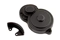 A black plastic gear cover and a separate small curved mounting bracket for a Team Associated RC vehicle.