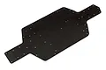 A black anodized aluminium RC car main chassis plate with multiple pre-drilled mounting holes, viewed from an angled top-down perspective.