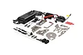 A Rovan petrol to electric conversion kit for RC cars, featuring a motor, Hobbywing ESC, metal chassis plates, and various mounting hardware.