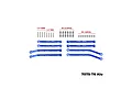 A set of blue anodized aluminium suspension linkages for RC cars, including various lengths of rods, screws, and ball ends, laid out on a white background.