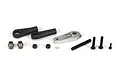 A Losi steering linkage set including a silver servo horn, two black plastic rod ends, two metal ball studs, nuts, and various screws on a white background.