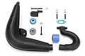 Losi tuned exhaust pipe set including manifold, silicone coupler, and mounting hardware on a white background.