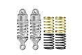 Two silver aluminium RC shock absorbers with adjustable collars, accompanied by two gold and two black replacement coil springs.