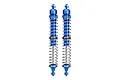 Two GPM Racing blue aluminium adjustable double-spring RC shock absorbers standing vertically against a white background.
