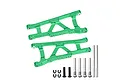 Two green anodized aluminium RC suspension arms with included metal hinge pins, screws, and E-clips on a white background.
