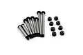 A set of eight silver metal suspension arm pins and eight black nylon lock nuts arranged on a white background.