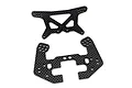 Two carbon fibre RC shock towers with a woven pattern and multiple mounting holes on a white background.