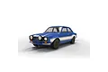 A 1/32 scale Scalextric Fast and Furious Ford Escort Mk1 slot car in blue with white racing stripes on a white background.