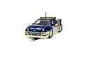 A Scalextric 1/32 scale Ford RS200 slot car in blue and cream livery with Q8 Oils branding, positioned on a slot car track.