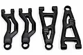 Four black RPM RC suspension arms arranged on a white background, including two curved upper arms and two triangular lower arms.