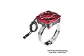 GPM Racing red aluminium cooling fan with adjustable stainless steel mounting strap for RC motors.