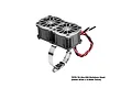 GPM Racing dual cooling fan unit with silver aluminium housing and stainless steel adjustable mounting strap on a white background.