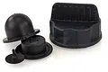 A set of black plastic RC fuel tank components including a cap and internal seals.