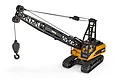 A HuiNa 1572 RC crawler crane in yellow and black, featuring a lattice boom, hook, and tracked base, isolated on a white background.