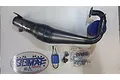 Olimat Engineering left hand speedway silenced exhaust pipe set with mounting hardware and logo sticker on a white background.