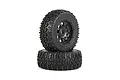 Two Rovan LT RC car wheels with black beadlock rims and aggressive broken nail tread pattern tires stacked on a white background.