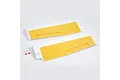 Two white and yellow foam RC airplane main wing sections with small plastic hardware components on a white background.