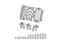 GPM Racing silver aluminium centre gear box skid plate and mount set for RC cars, including mounting brackets and various screws on a white background.