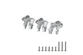 Three silver aluminium RC centre gearbox mounts and nine assorted screws on a white background.
