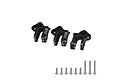 Three black aluminium RC gearbox case mounts and nine silver metal screws arranged on a white background.