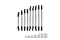 A set of nine GPM stainless steel adjustable turnbuckles and linkages with black plastic rod ends and a collection of metal screws on a white background.