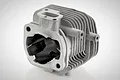A silver Chung Yang 35mm 2-bolt cylinder head for RC engines, shown from a high-angle studio perspective against a white background.