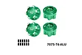 Four green GPM Racing 17mm serrated aluminium wheel nuts and a set of small black grub screws on a white background.