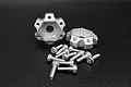 Two silver aluminium wheel hex hubs with a dot pattern design and a set of matching steel socket head screws on a black background.