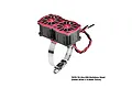 GPM Racing red aluminium dual cooling fan mount with adjustable stainless steel strap for RC motors.