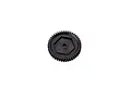 A black plastic spur gear for an RC vehicle, featuring a central hexagonal mounting point and a circular hole.