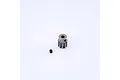 A metallic 10-tooth pinion gear and a small black grub screw isolated on a white background.