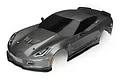 Traxxas 1/10 scale Chevrolet Corvette Z06 pre-painted body shell in graphite grey, viewed from a high angle.