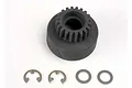 Traxxas steel 20T clutch bell with two E-clips and two washers on a white background.