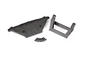 Traxxas front bumper mount and skid plate set for RC vehicles, including two black plastic parts and a set of small metal screws on a white background.