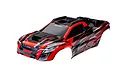 Traxxas 1/6 XRT clipless painted body shell in red, black, and grey with XRT branding.