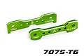 Two green anodized aluminium front tie bars for Traxxas RC vehicles, labeled A and B, featuring 7075-T6 markings.