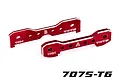 Two red anodized aluminium front tie bars for Traxxas RC vehicles, labeled A and B, featuring 7075-T6 markings.