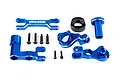 Traxxas blue anodized aluminium steering bell crank and drag link assembly parts laid out on a white background.