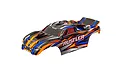Traxxas 1/10 Rustler clipless painted body shell in orange, black, and blue racing graphics.