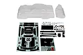 Team Associated 1/7 SR7 Hoonicorn unpainted clear polycarbonate body shell with included plastic detail parts and decal sheets on a white background.