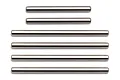 A set of six silver metal suspension arm pins of varying lengths arranged horizontally against a white background.