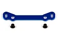A blue anodized aluminium Ackermann steering plate for an RC car, shown with two small black bushings on a white background.