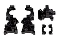 A set of black plastic RC gearbox case components from Team Associated, including main housing halves, a cover, and small mounting brackets.