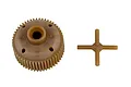 A tan plastic differential gear case and a cross-shaped differential pin set for an RC car.
