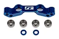 Factory Team blue anodised aluminium Ackerman plate with four metal ball bearings and two small blue spacers on a white background.