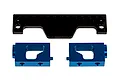 Factory Team servo mount set including one carbon fibre plate and two blue anodised aluminium mounts on a white background.