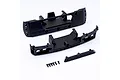FMS RC body mount set including two molded plastic bumper components, a small trim piece, and six black screws on a white background.