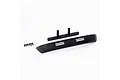 A black RC front bumper set including a bumper, mounting bracket, and six small screws on a white background.